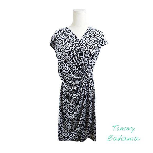 Tommy Bahama Size S/P Dress V-Neck Faux Wrap Black White Geometric Print - Picture 1 of 7